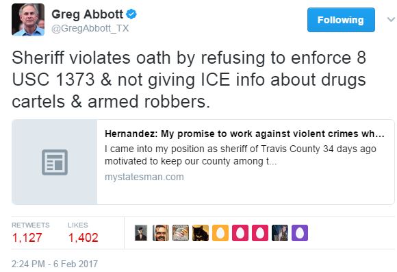 Greg Abbott tweet about Sally Hernandez 02/06/17