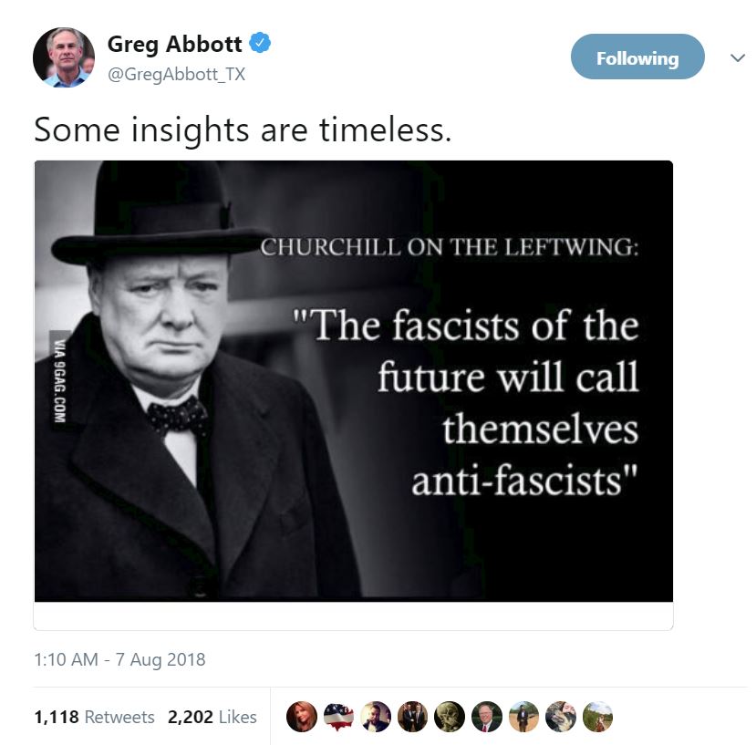 Greg Abbott tweet on fascism 8/7/18