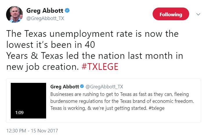 Greg Abbott tweet about Texas jobs 11/15/17