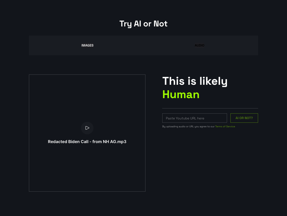 AI or Not result for Biden robocall, 3-15-2024