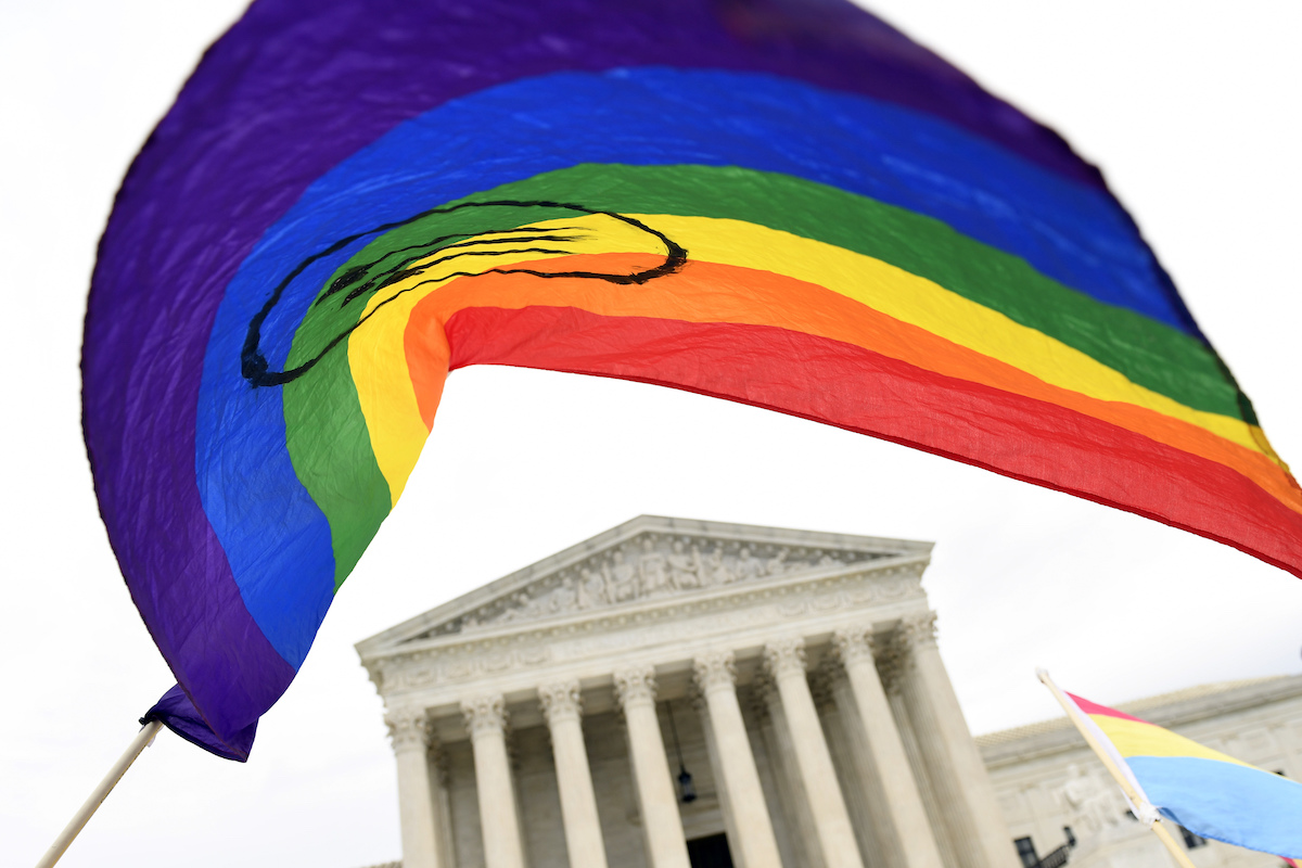 Rainbow flag outside SCOTUS during Bostock hearing Oct. 2019