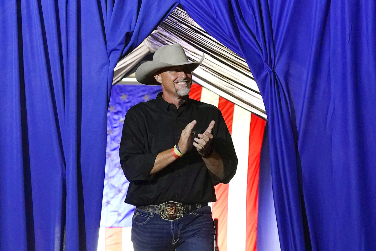 Pinal County, Ariz., Sheriff Mark Lamb onstage at Prescott, Ariz., rally, 7-22-2022