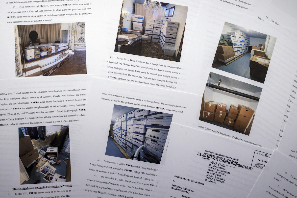 Pages of Trump's document indictments with photos of the boxes of documents