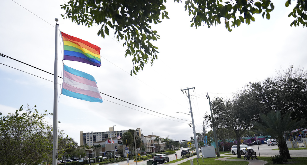 Florida rainbow flag trans flag on pole in Wilton Manors, Fla., 1-17-2024