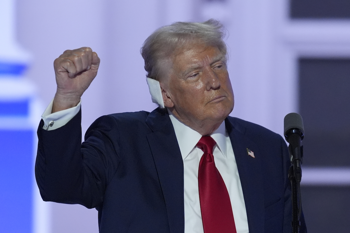 Donald Trump RNC Night 4 speech in Milwaukee, fist up ear showing, 7-18-2024