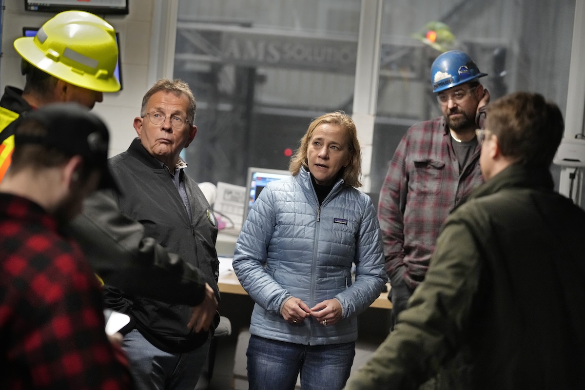 Democratic New Hampshire gubernatorial cominee Joyce Craig visits a lumber mill in MIlan, N.H., 10-16-2024
