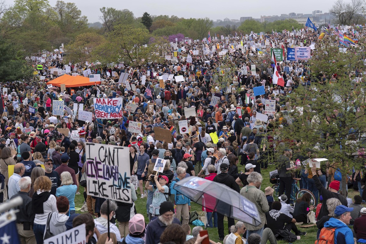 Hands Off protesters in Washington DC aerial crowd shot