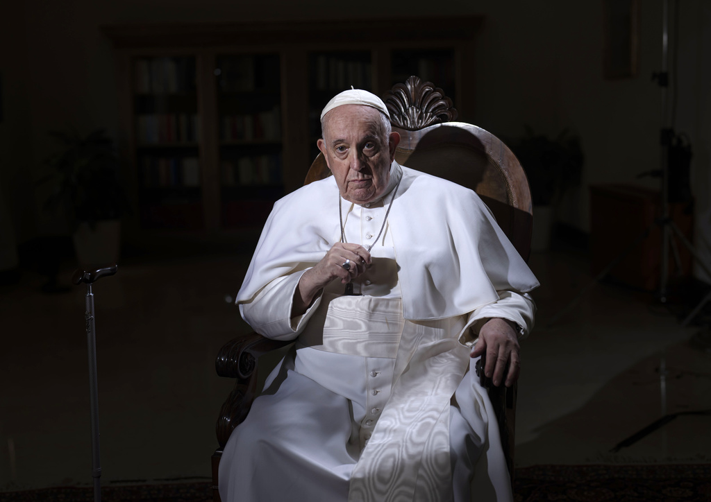 Pope Francis 2023 interview with AP, black backdrop