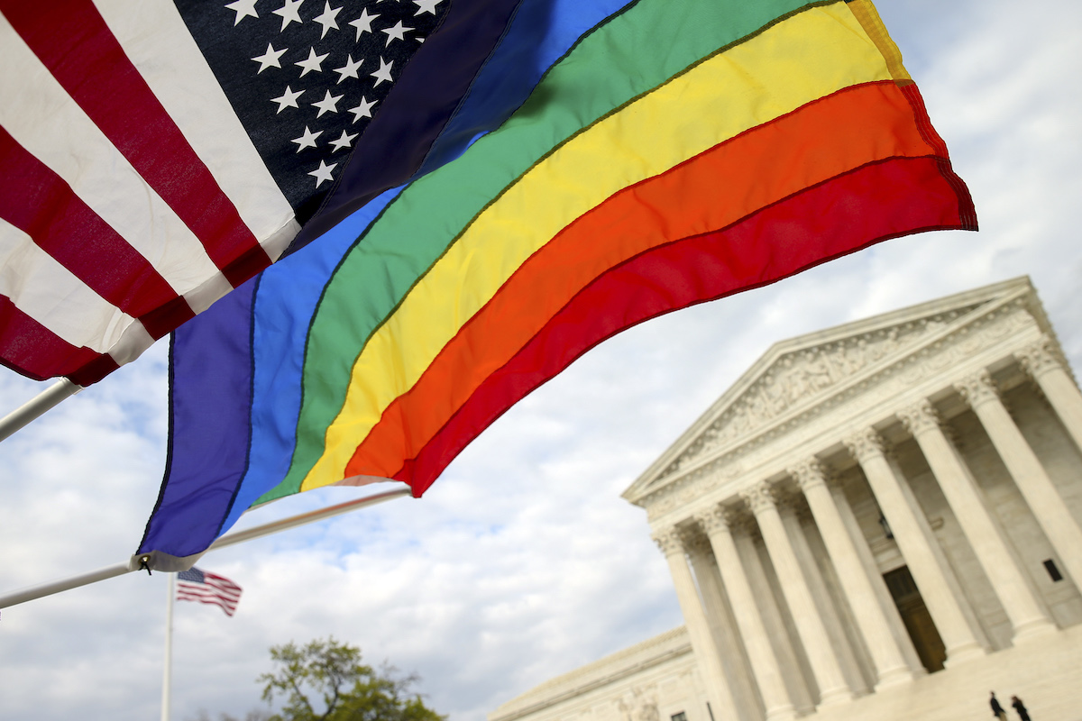 Rainbow and American flag outside Supreme Court 2015 marriage