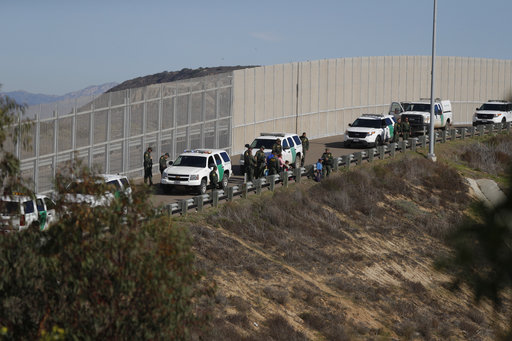 border patrol and migrants near a border fence/wall
