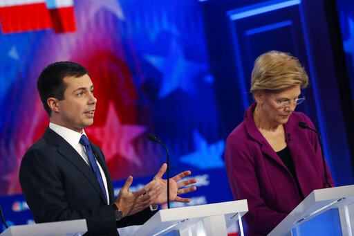 pete buttigieg next to elizabeth warrena atlanta debate stage nov 20 2019