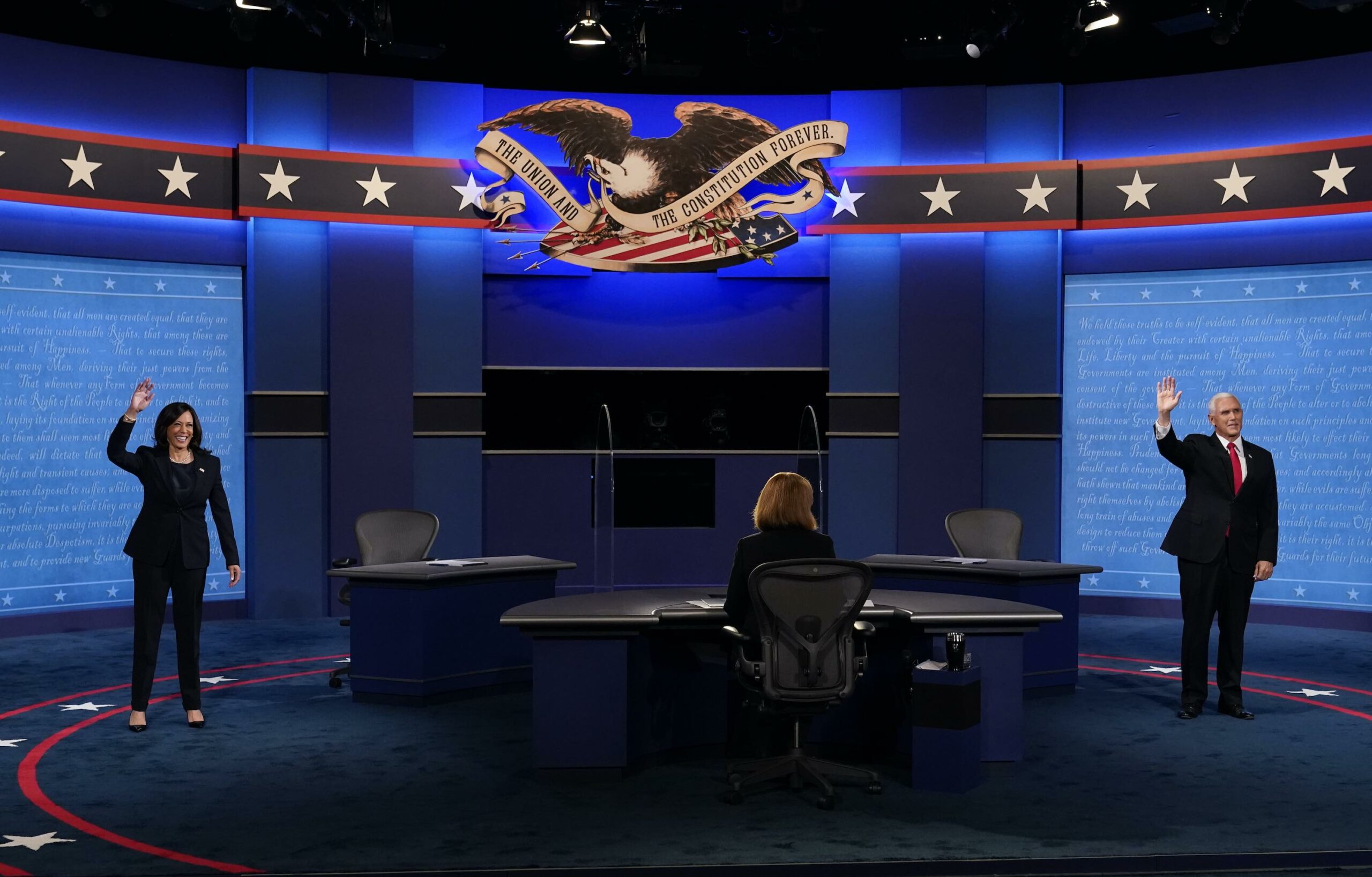 VP Debate: Harris and Pence waving on stage