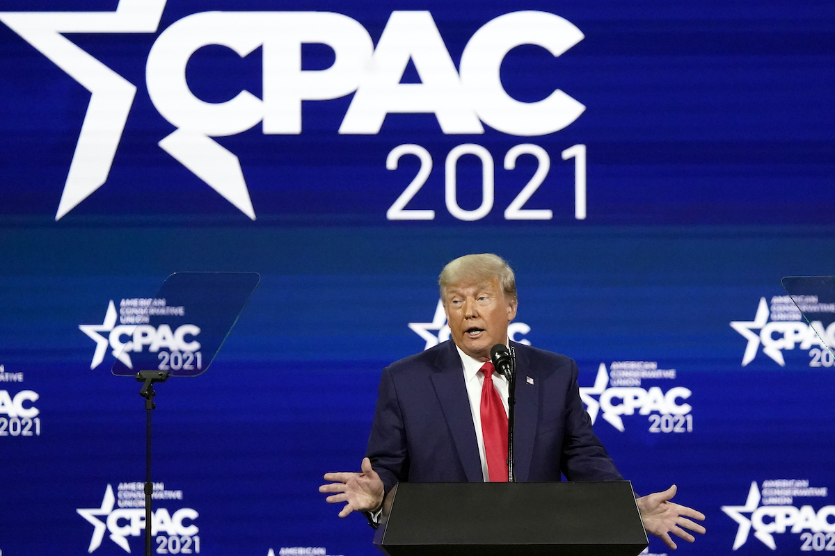 Donald Trump at CPAC Feb 28 2021 CPAC sign in the back