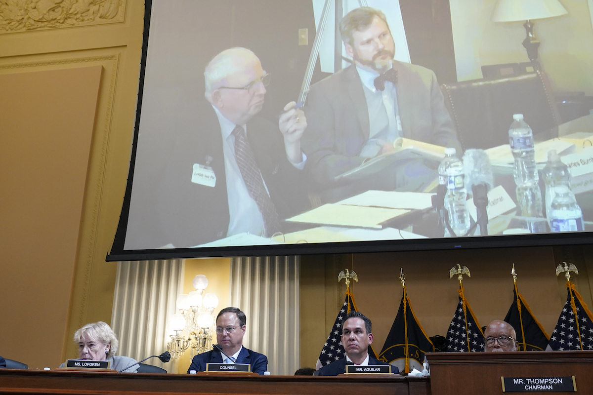 John Eastman on screen during June 16 hearing on Capitol attack