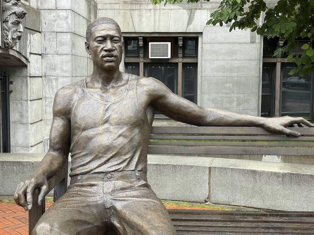 A 700-pound bronze statue of George Floyd is seen in Newark, N.J., 6/22/21 (STRF/STAR MAX/IPx via AP)