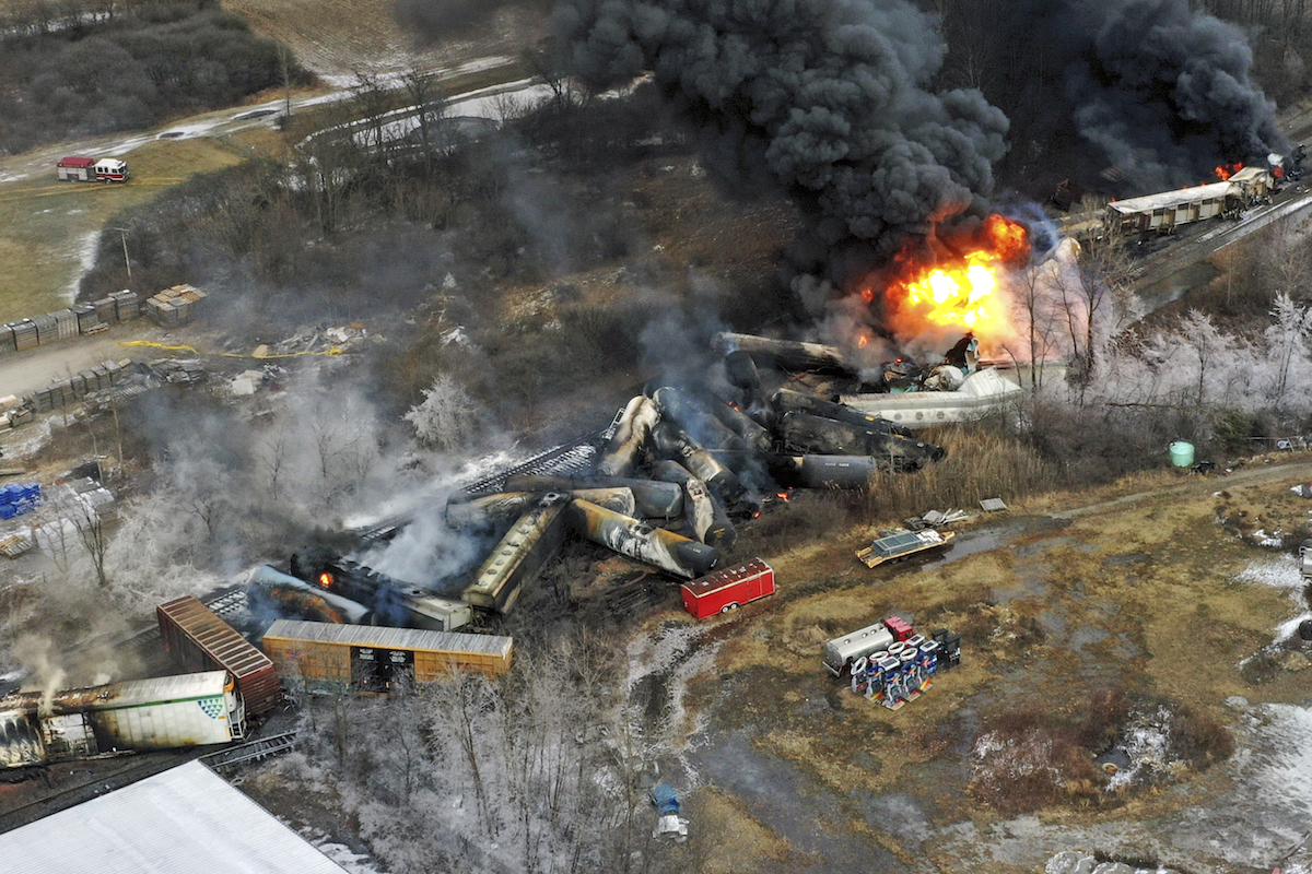 Aerial view of February 2023 Norfolk Southern train derailment still on fire Feb. 4