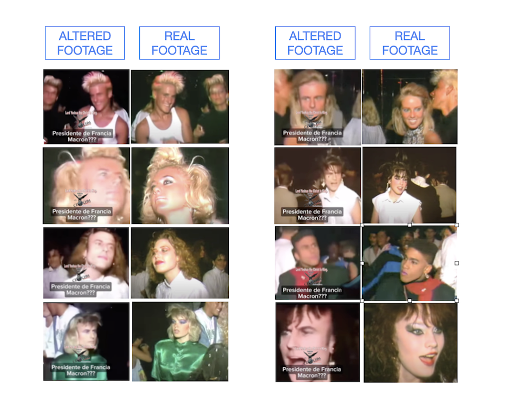 Altered footage of Macron dancing vs real footage, 03-22-2024