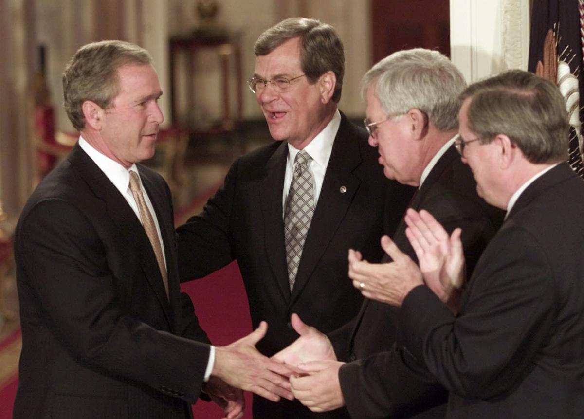 GWB signs tax bill in 2001 with Congress leaders