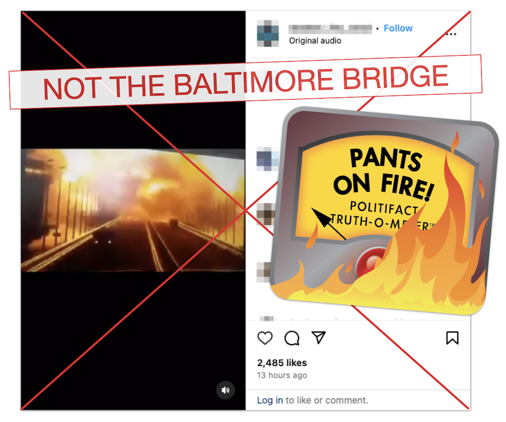 Baltimore bridge explosion video claim edited screenshot