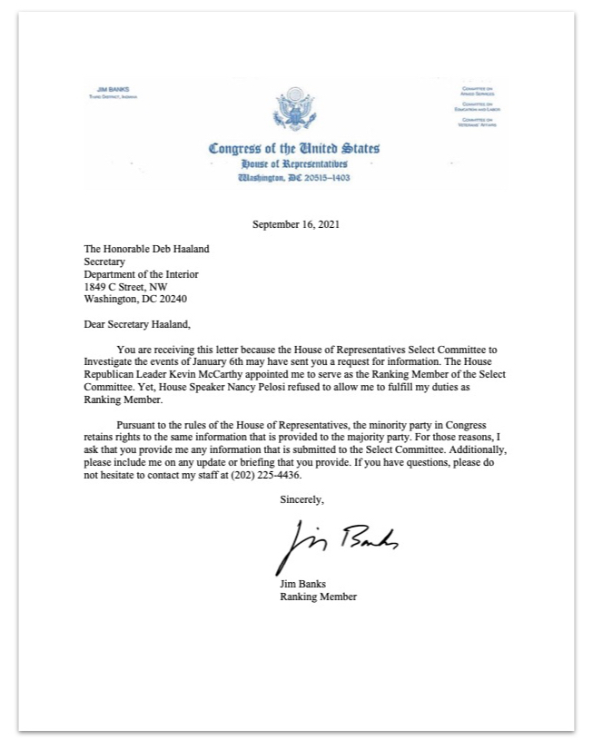 Jim Banks to Deb Haaland letter