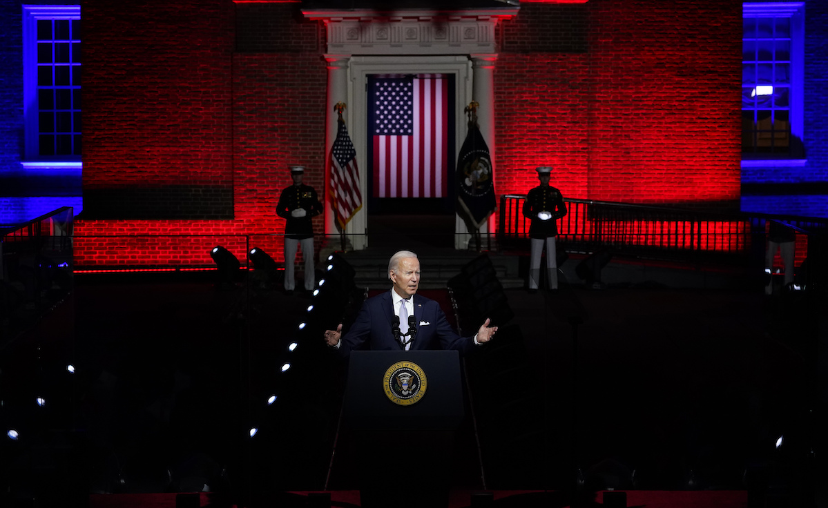 Wide shot of Biden's Sept. 1 speech, Philadelphia