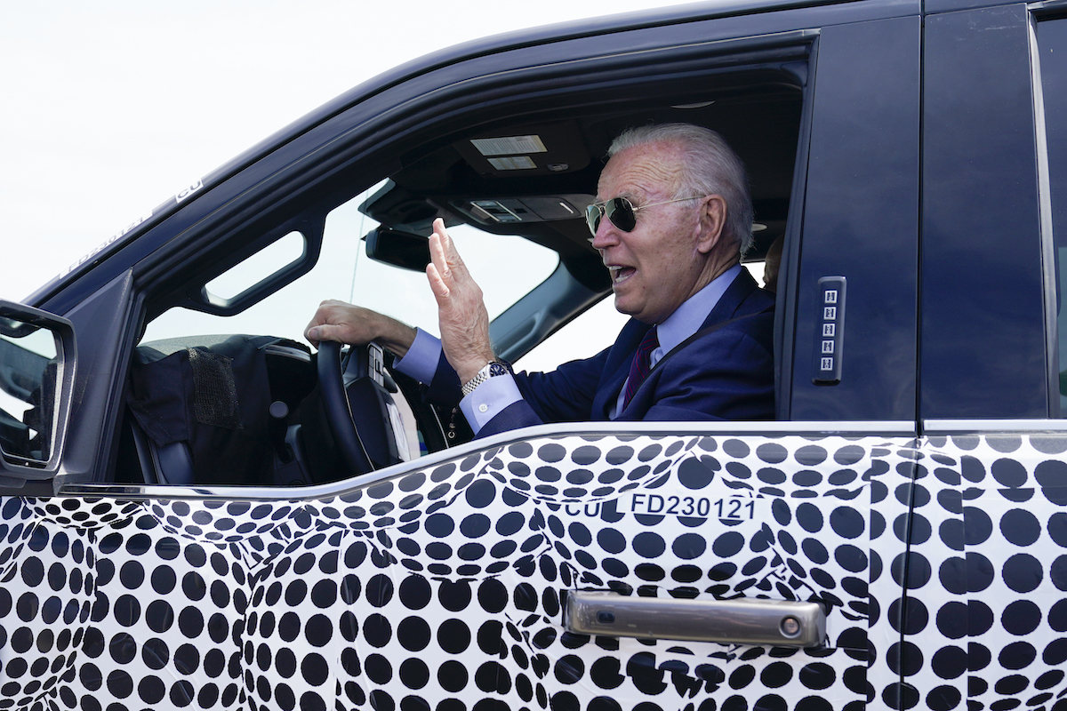 President Joe Biden test drives a Ford F-150 Lightning truck on Tuesday, May 18, 2021 (AP)
