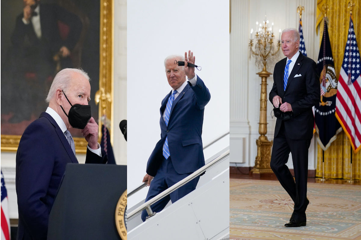 Tri-split image of Joe Biden with face masks