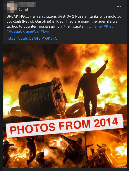 Screenshot of social media post with Molotov cocktail photos from Ukraine Jan. 2014