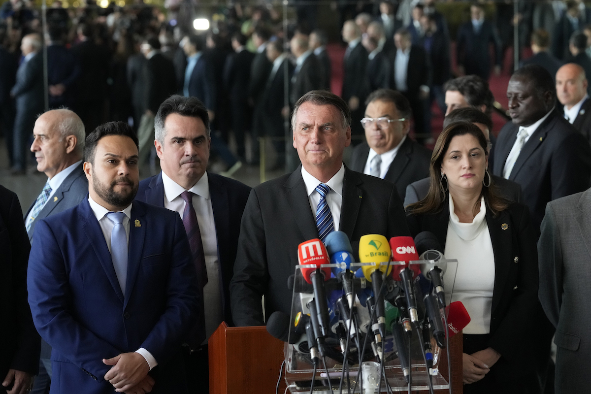 Brazilian President Jair Bolsonaro speaks from his official residence of Alvorada Palace Tuesday, Nov. 1, 2022.