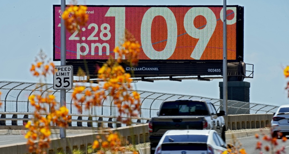 Extreme heat temperature on billboard in Phoenix, 7-17-2023