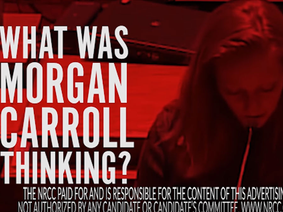 Still image from NRCC ad saying Morgan Carroll voted against online tracking of sexual predators