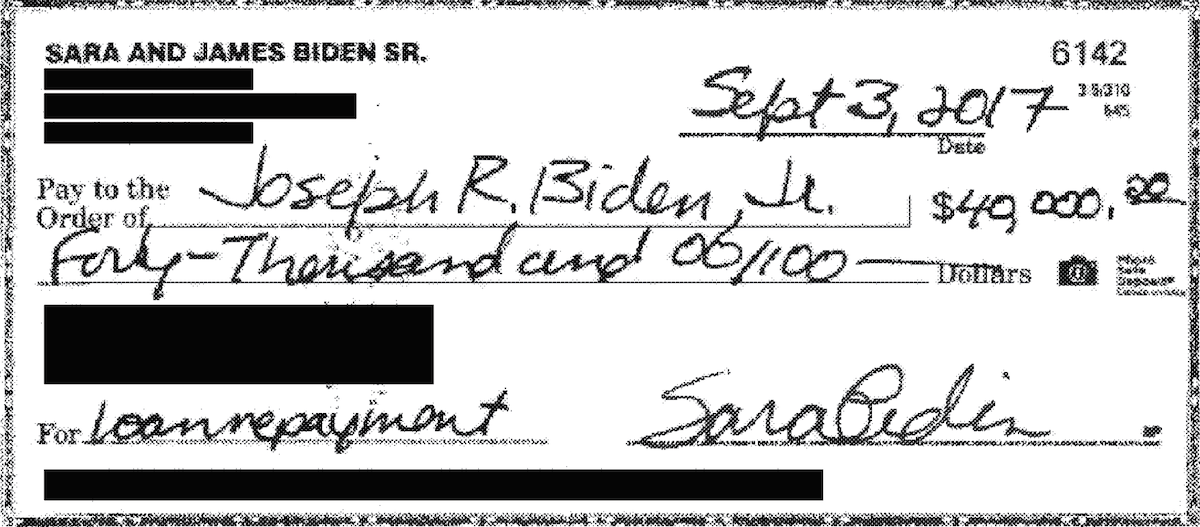 Check from Sara Biden to Joe Biden Sept. 3, 2017