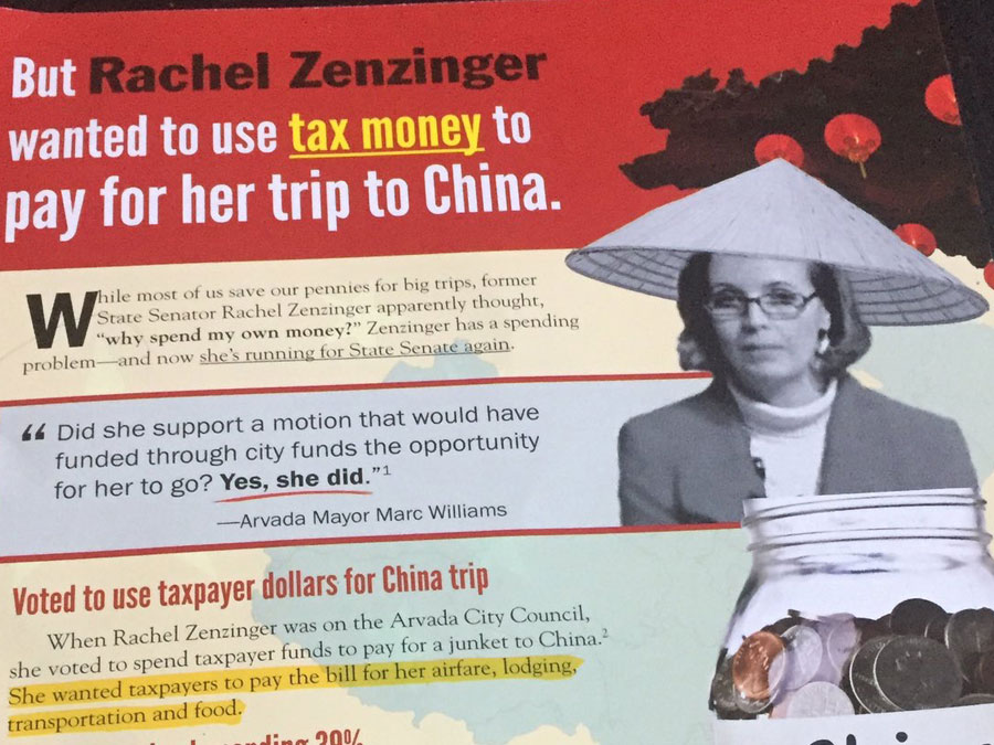 Colorado Citizens for Accountable Government campaign mailer says Rachel Zenzinger voted to use taxpayer money for a China trip.