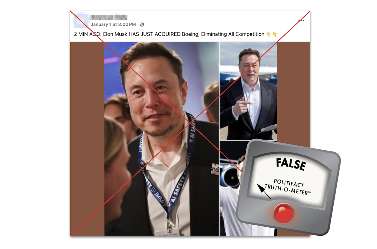 Claim about Elon Musk acquiring Boeing, with False graphic, 01-07-25
