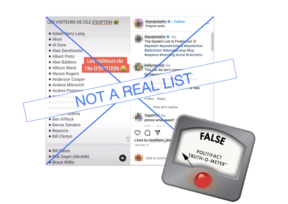 Screenshot of claim about 'Epstein list,' with rating, 1-31-2024