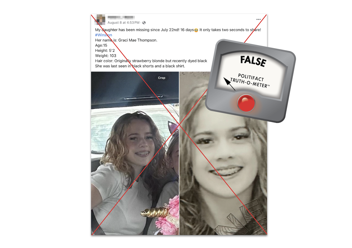Claim about Graci Mae Thompson, with False logo, 8-16-2024