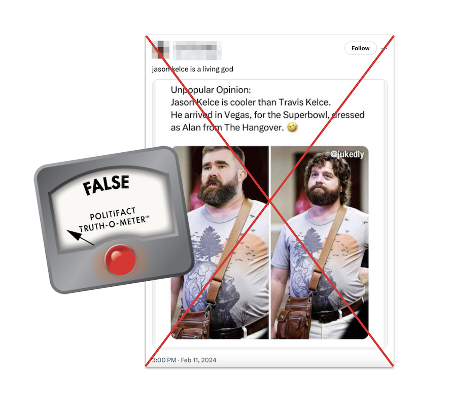 Claim about Jason Kelce dressed as The Hangover Alan, with false graphic, 2-12-2024