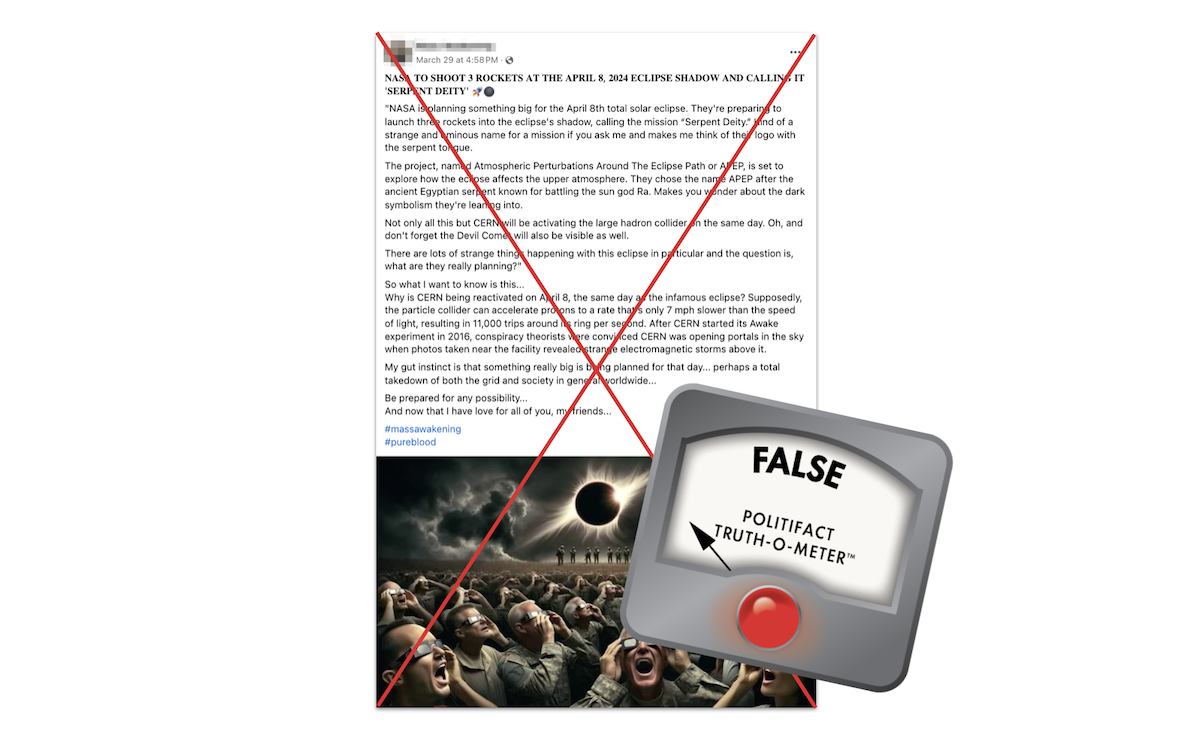 Claim about Large Hadron Collider and eclipse, with False logo, 4-05-2024