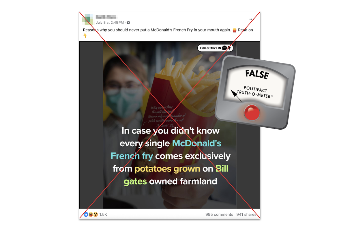 Claim about McDonald's potatoes being sourced from Bill Gates' farms, with False logo, 7-11-2024