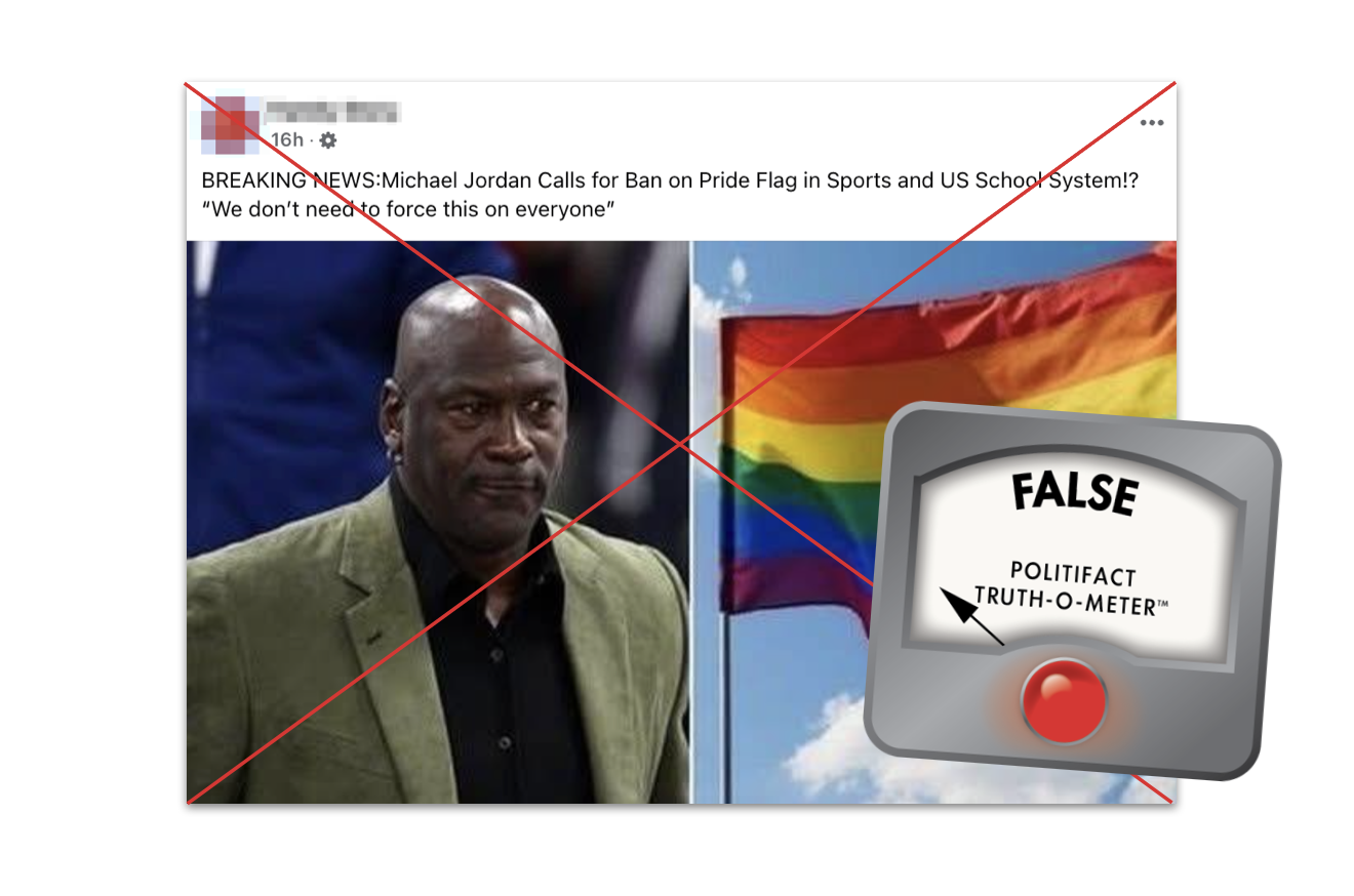 Claim about Michael Jordan and pride flags, with False graphic, 01-27-2025