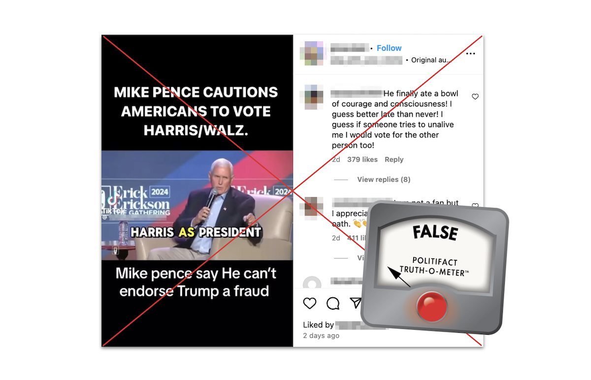 Claim about Pence endorsing Harris and Walz, with False graphic, 10-15-2024
