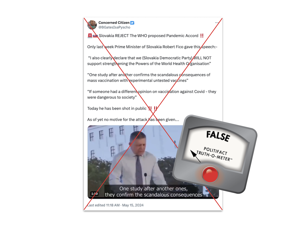 Claim about Robert Fico speech against WHO, with False logo, 5-16-2024