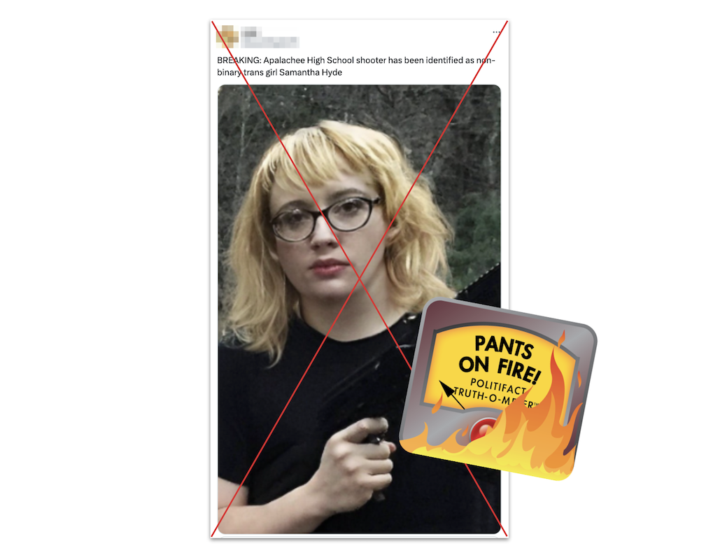 Claim about Samantha Hyde as the Apalachee High School shooter, with POF graphic, 9-5-2024