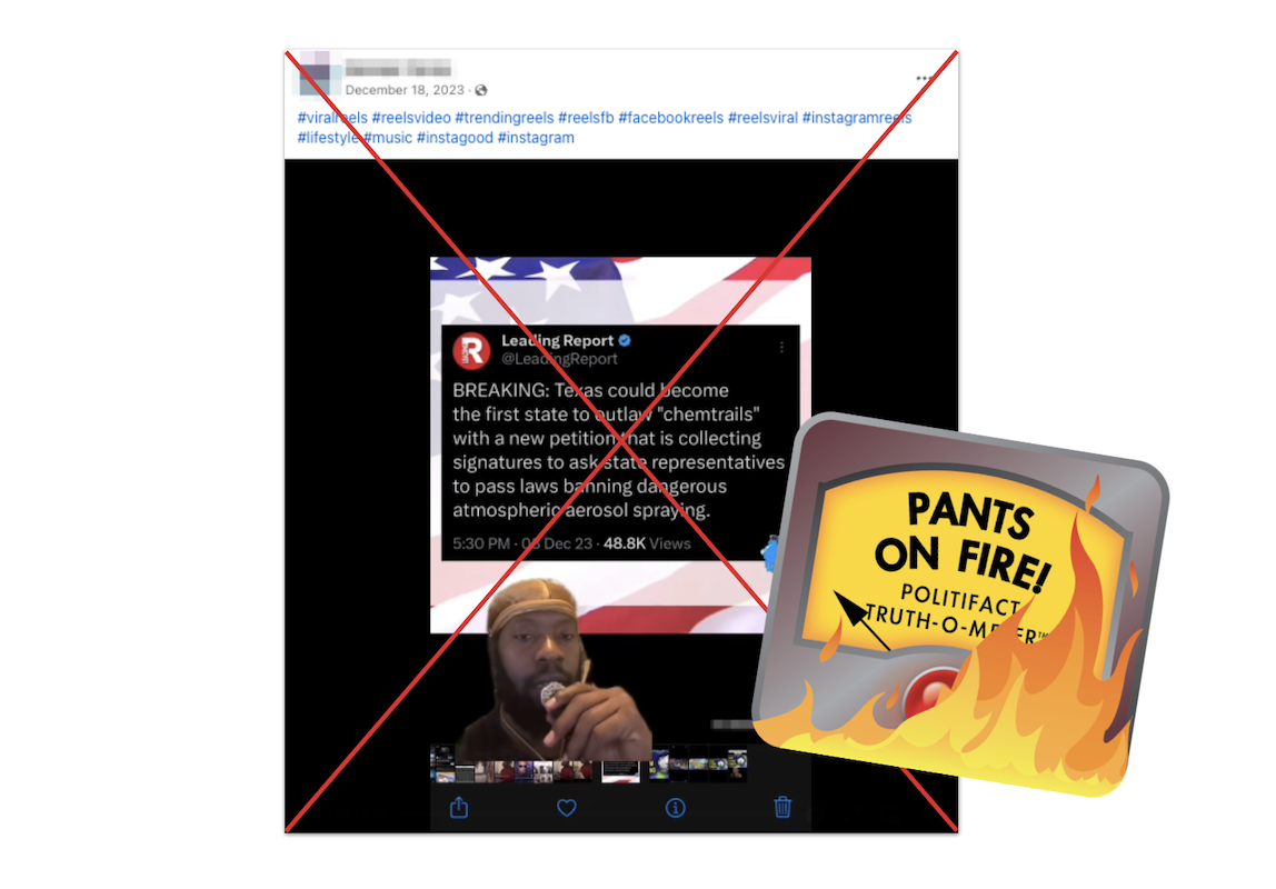 Claim about Texas bill on chemtrails, with POF logo, 03-05-2024