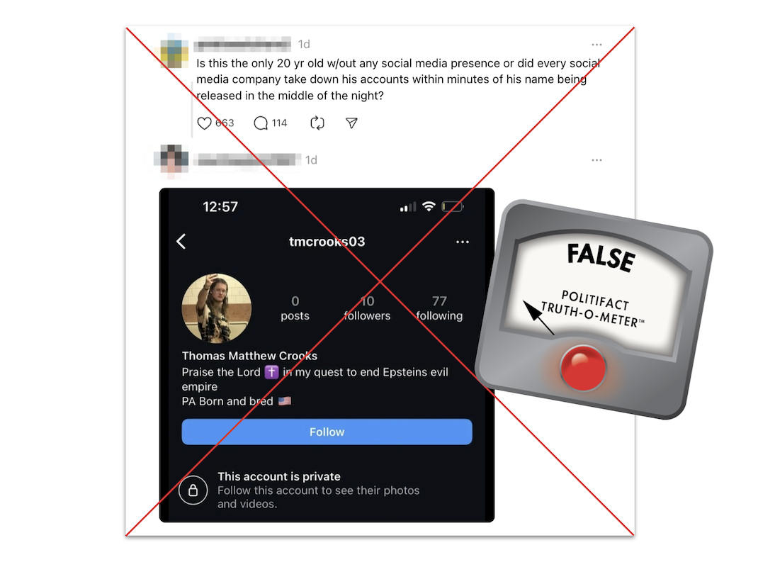 Claim about Thomas Matthew Crooks's Instagram, with False logo, 7-15-2024