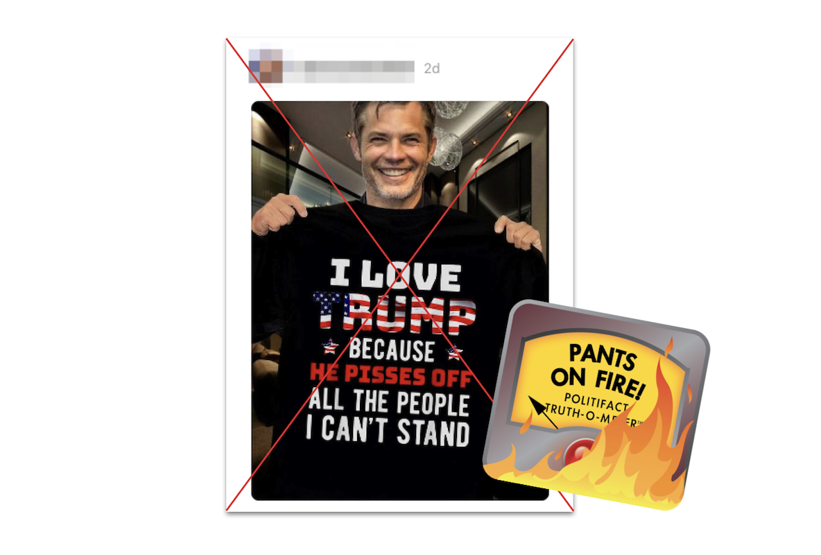 Claim about Timothy Olyphant holding pro-Trump shirt, with POF logo, 5-15-2024