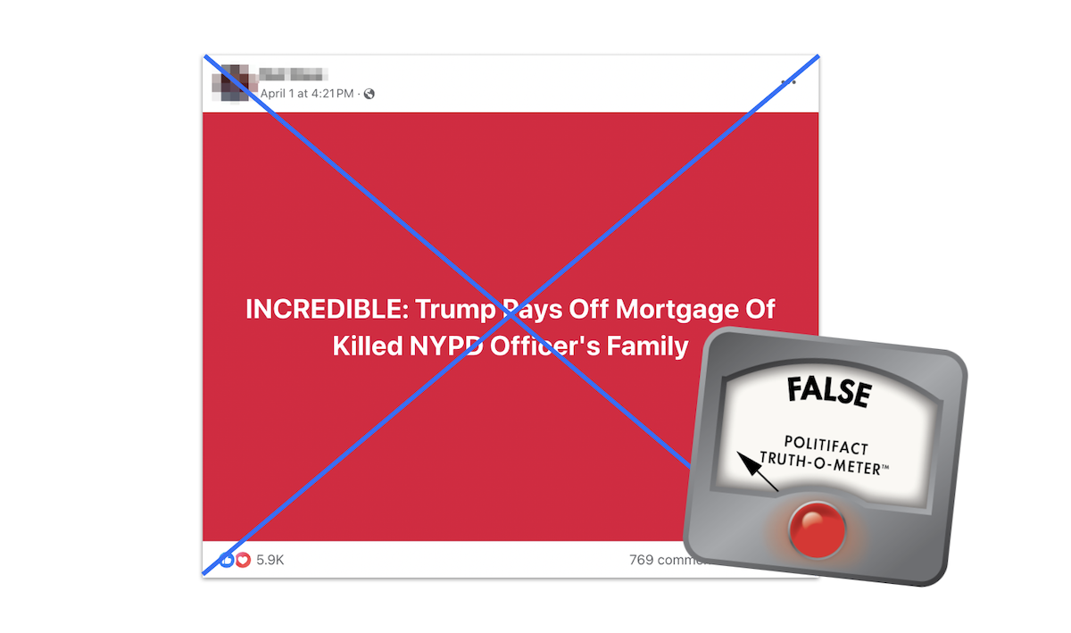 Claim about Trump paying off Jonathan Diller's mortgage, with False logo, 4-12-2024