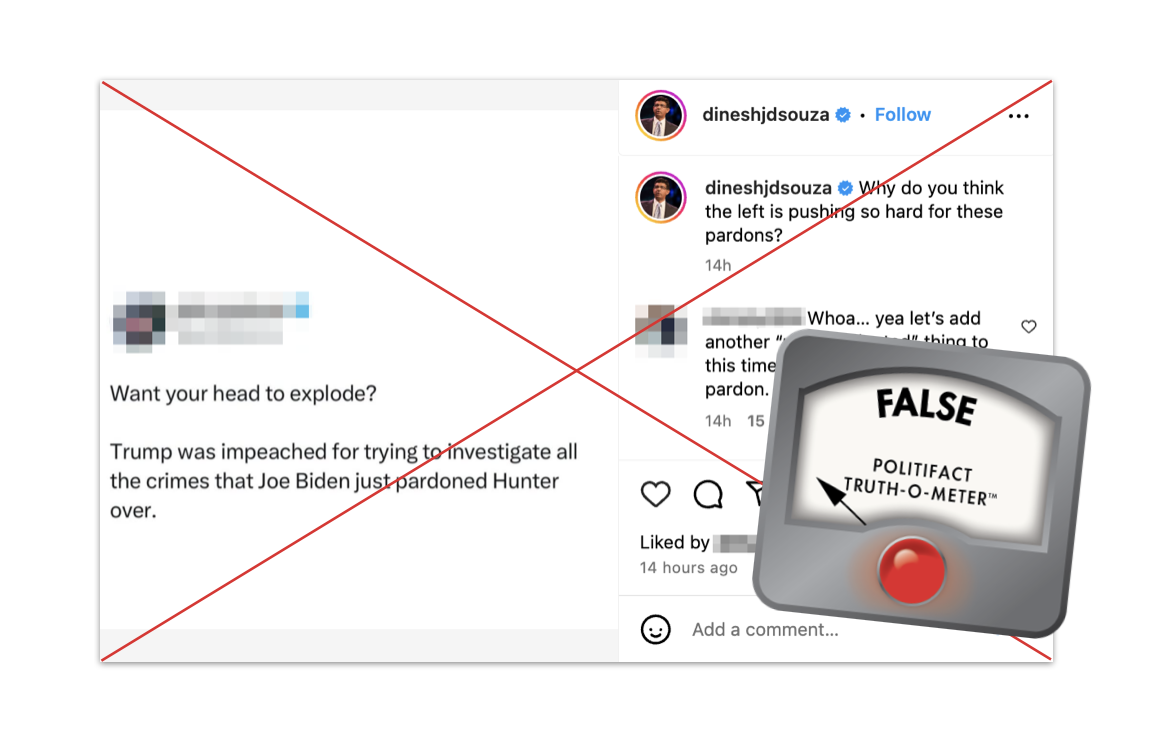 Claim about Trump's impeachment and Hunter Biden's pardon, with False graphic, 12-06-2024