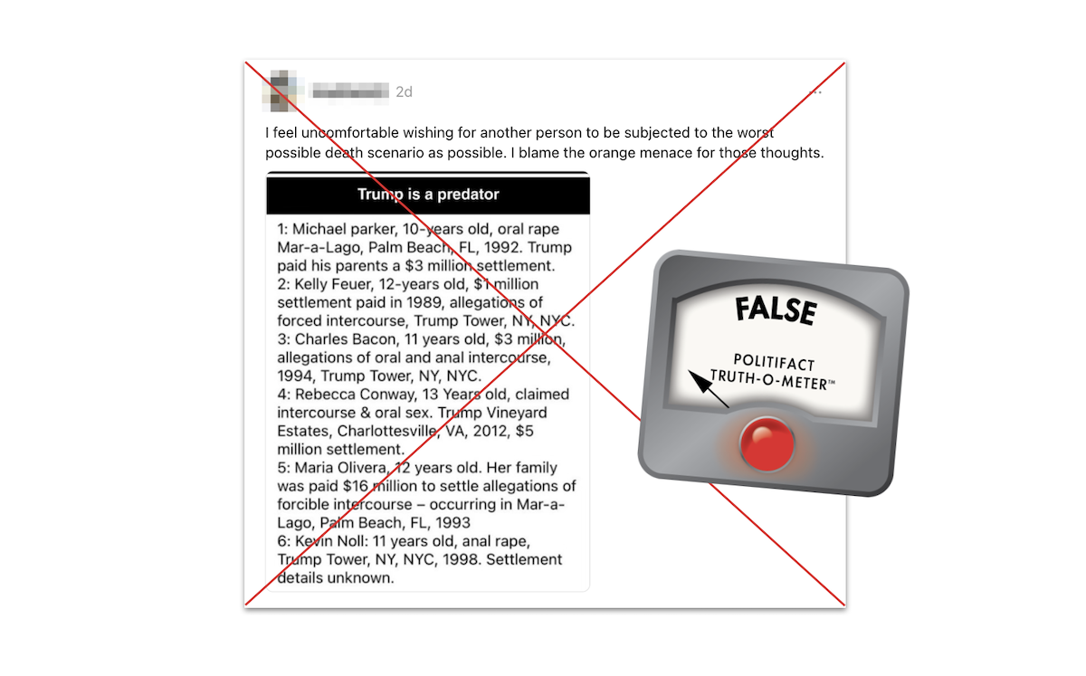 Claim about Trump's settlements to minors, with False logo, 7-12-2024