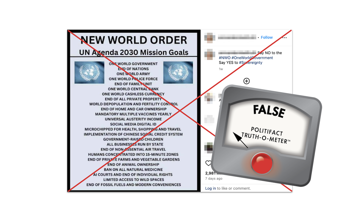 Claim about U.N. 2030 agenda, with False logo, 4-09-2024